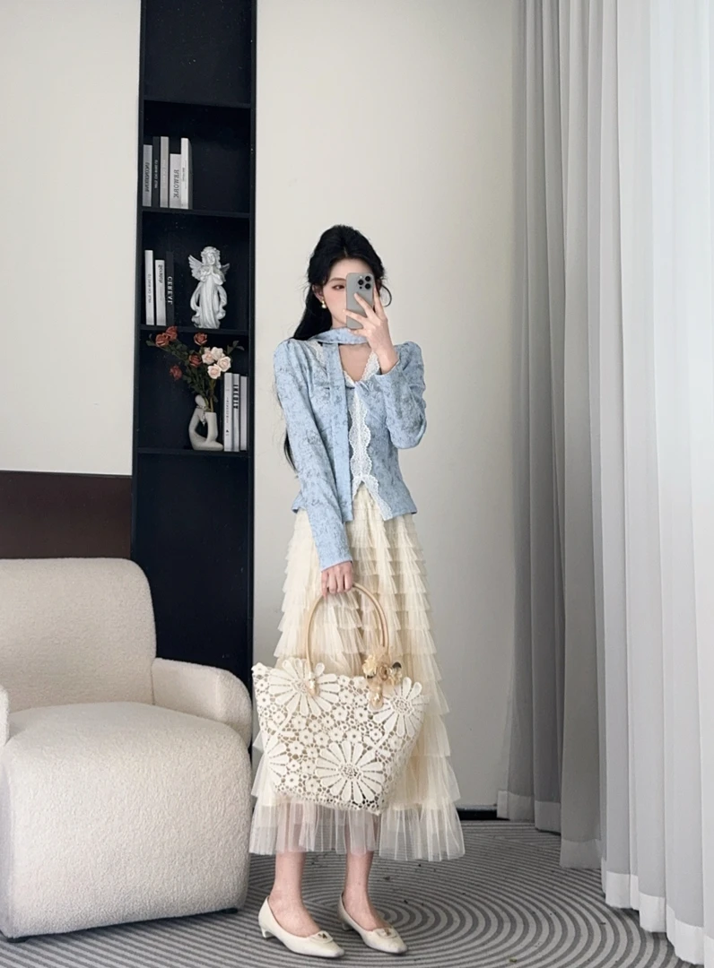 小八定制2025夏新韩系法式设计蕾丝气质上衣+蛋糕半裙 00015 LSC