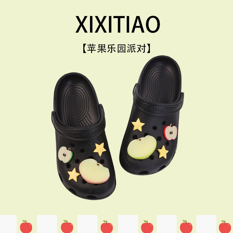 细细条 韩系创意星星海边沙滩度假凉拖鞋夏DIY仿真苹果片洞洞鞋女