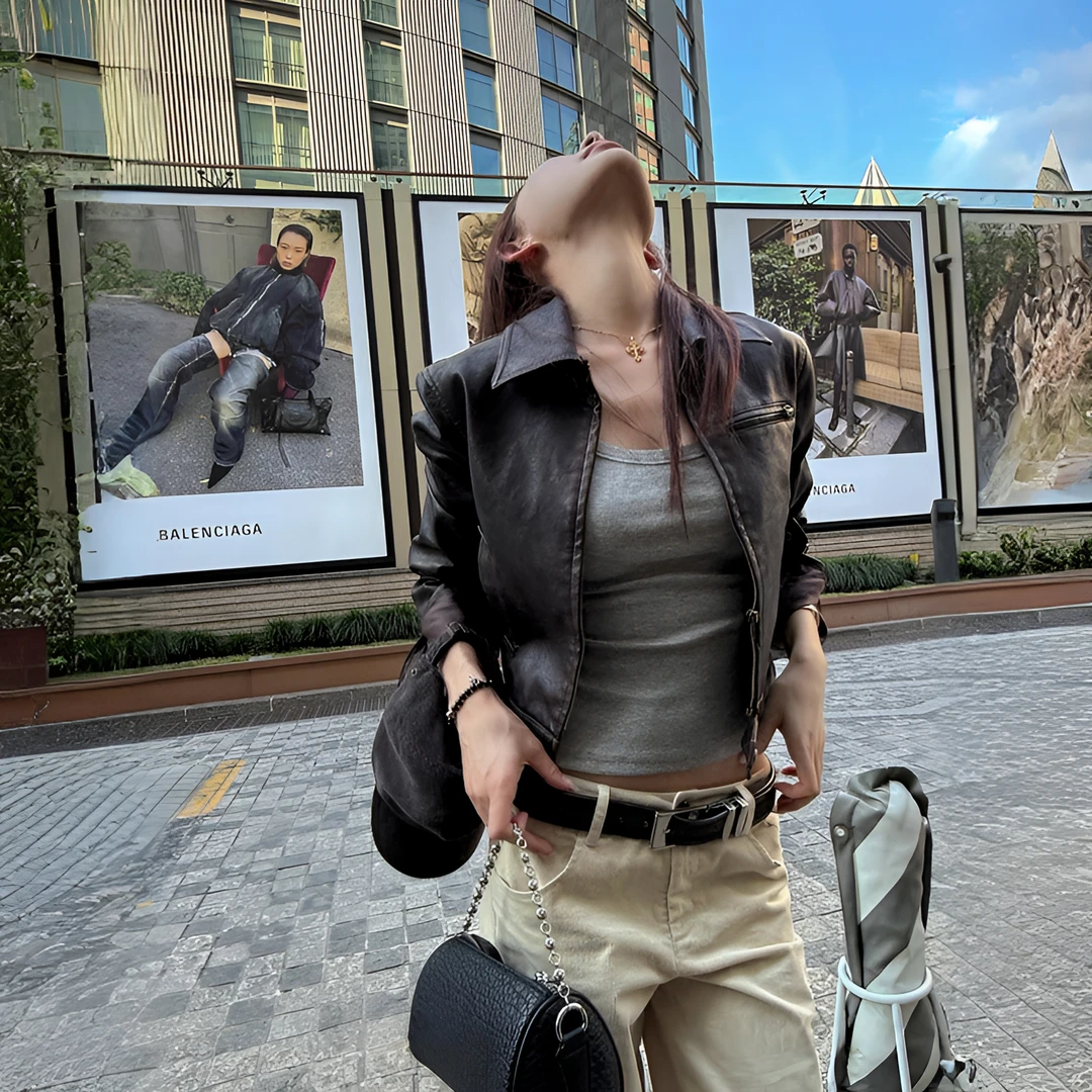 酷飒风美式新款短款皮衣外套女早秋季修身PU复古机车夹克外套上衣