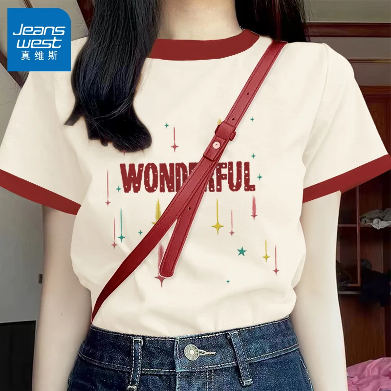 真维斯撞色纯棉短袖t恤衫女夏季2025新款韩系休闲设计感半袖上衣X