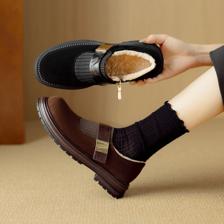 羊反皮~3.5cm法式深口单鞋女加绒加厚圆头中跟平底真皮厚底乐福鞋