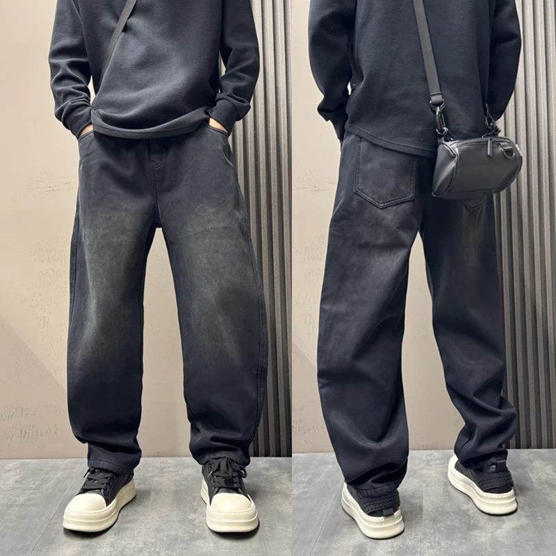 秋冬水洗做旧加绒加厚长裤直筒牛仔裤复古男士宽松高街百搭裤子