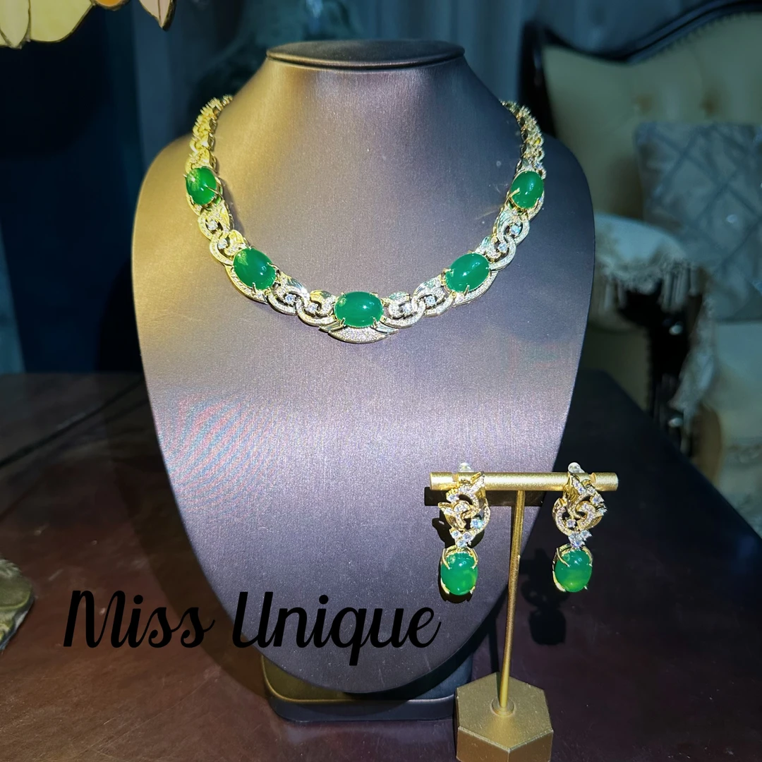 S2178五颗绿石石交叉项链套装