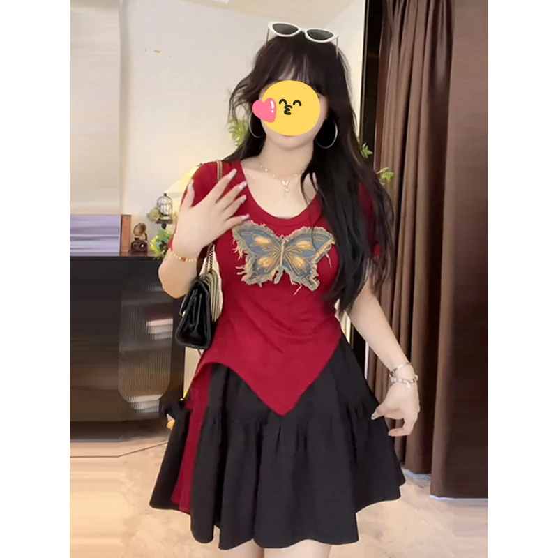 大码美式复古t恤女夏季短袖胖mm显瘦绑带蝴蝶结不规则u领红色上衣