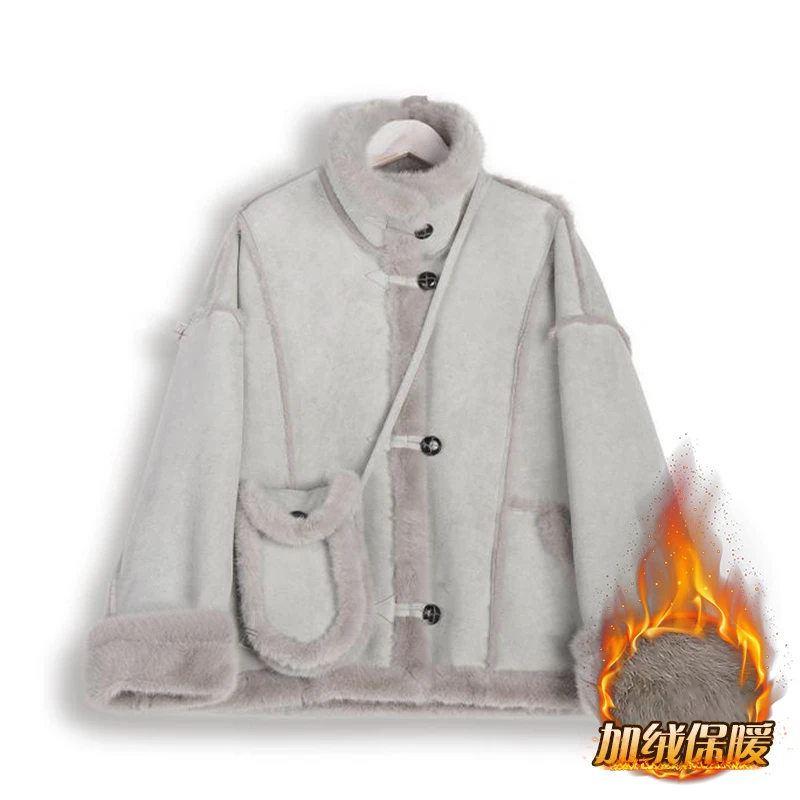 韩版毛毛宽松时尚短款皮毛一体短外套女百搭显瘦网红休闲加绒加厚