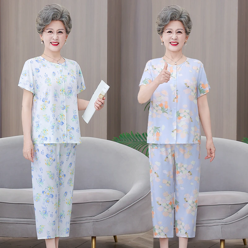 妈妈夏季新款短袖棉绸开衫两件套中老年人奶奶洋气外穿薄款套装