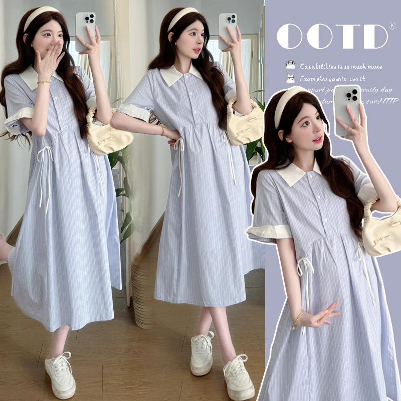 孕妇装2025夏季新品时尚洋气显瘦条纹连衣裙气质撞色减龄孕妇裙