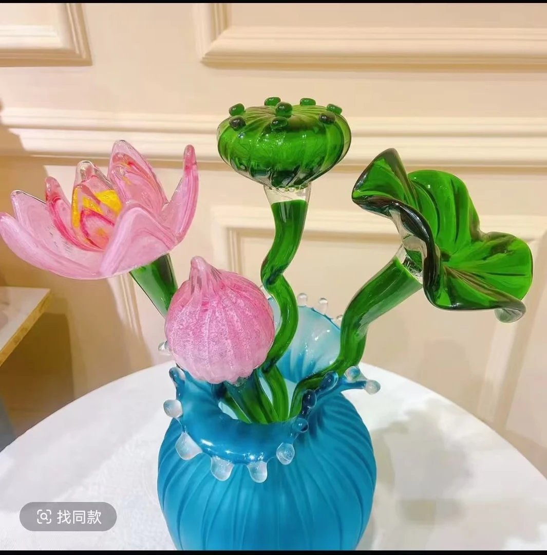 淄博纯手工琉璃四支夜光荷花“好运连连”幸福快乐，送礼家居摆件