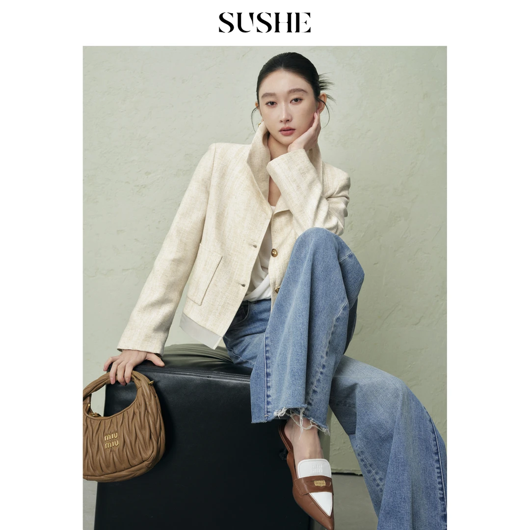 束皙SUSHE 抒游 棉麻肌理感欧根纱宽松拼接白色时髦短款外套女春
