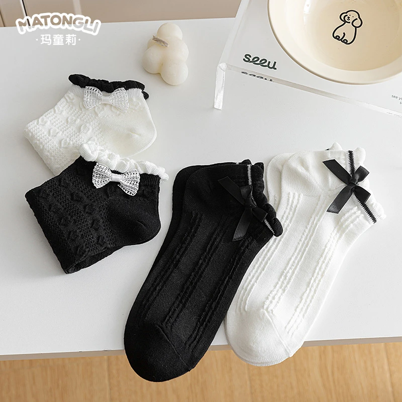 蝴蝶结袜子女春夏薄款可爱短袜蕾丝芭蕾风女士棉袜女生无骨短筒袜