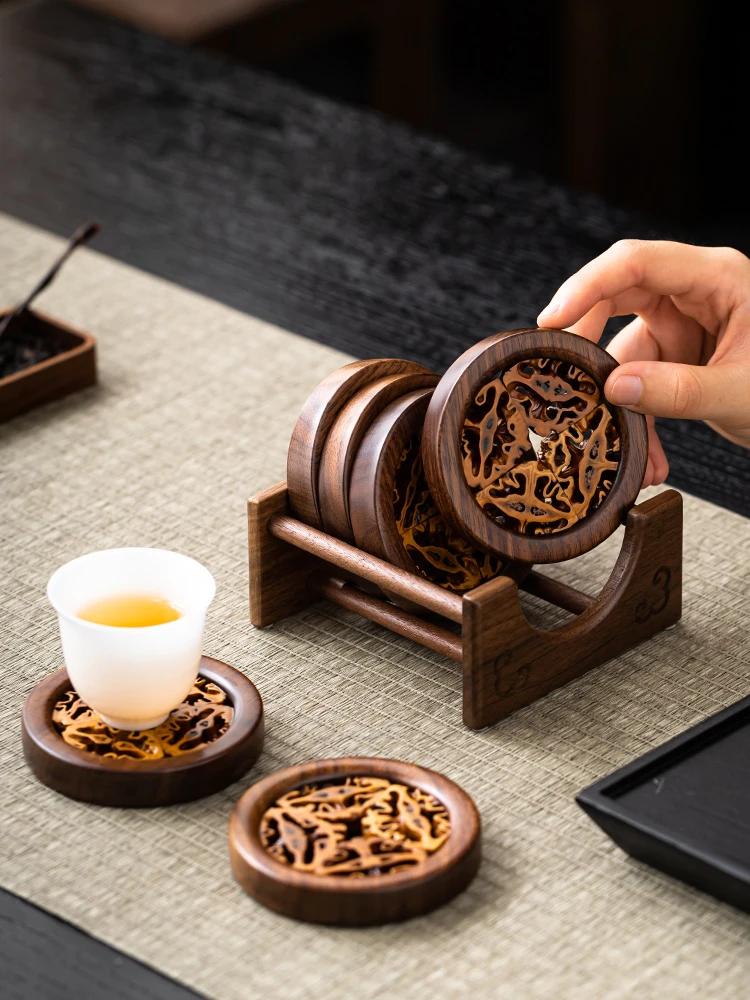核桃杯垫创意手工查到六件套茶具家用禅意陶瓷茶道高端复古杯托