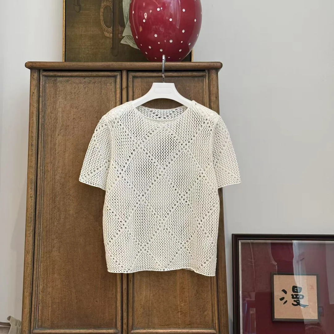 MYL 2025年夏季新款棉和纸混纺镂空针织衫圆领菱格短袖纯色套头衫