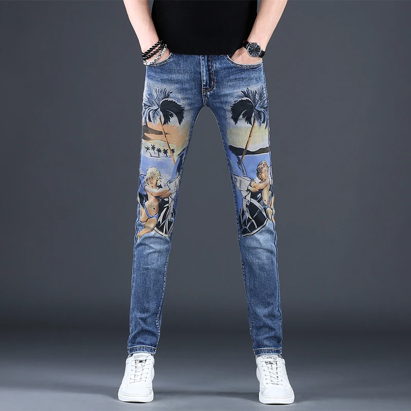 裤子男款爆款2025新款夏季痞帅潮男牛仔裤印花修身小脚休闲长裤子