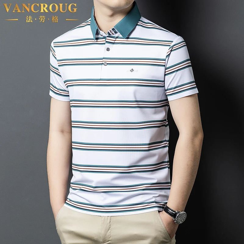 VANCROUG/法劳格POLO衫男士夏季新款简约百搭休闲薄款条纹透气T恤