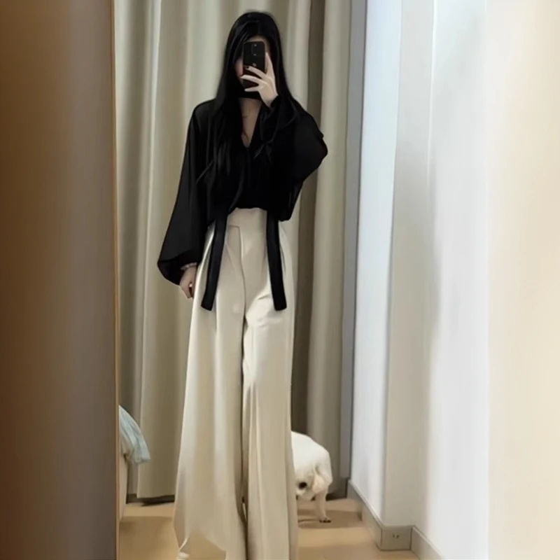 2025新款女法式设计感宽松飘带V领衬衫气质高腰显瘦阔腿长裤套装