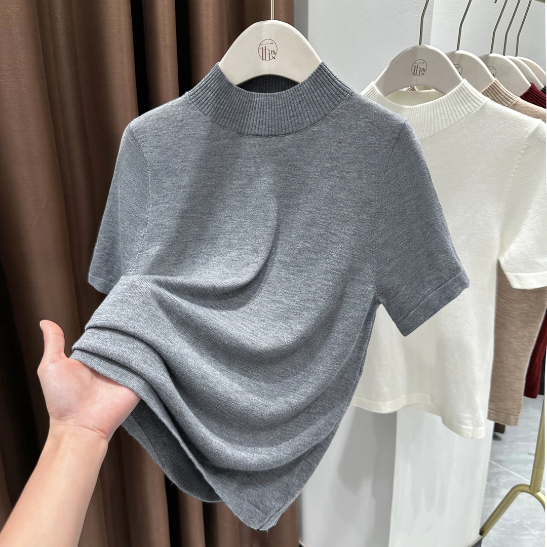 灰色半高领五分袖T恤小衫秋冬新款洋气叠穿针织上衣女宽松打底衫