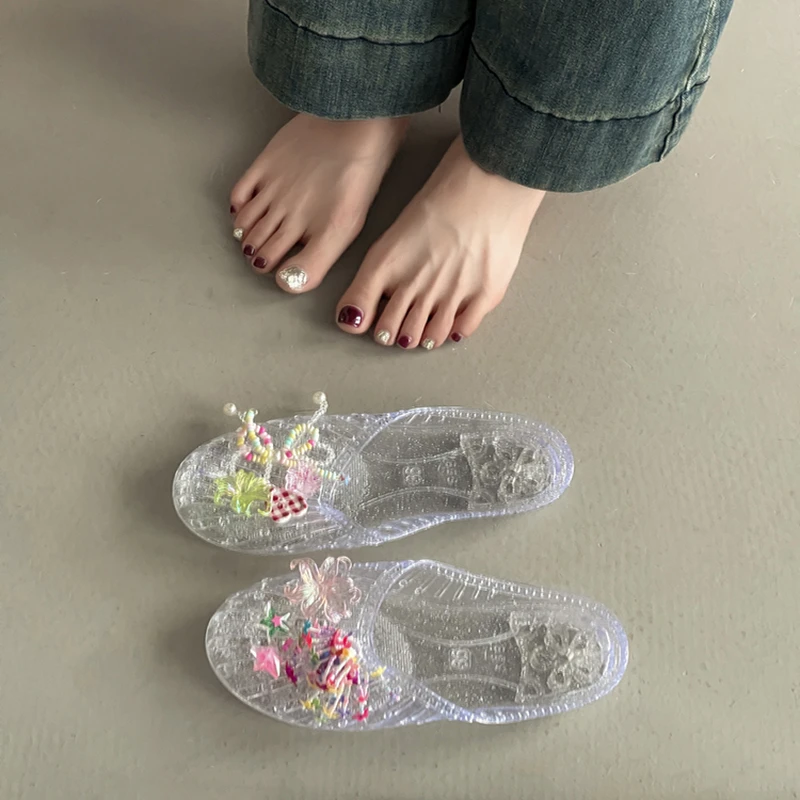 仙女风甜美蝴蝶结水晶鞋花包头凉拖鞋女2025夏季新款串珠平底拖鞋