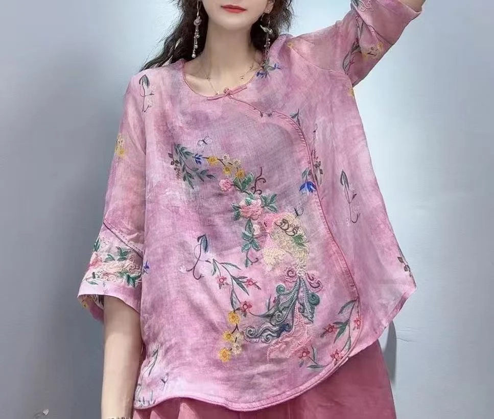 苎麻刺绣小衫女上衣新款新中式国风-2569