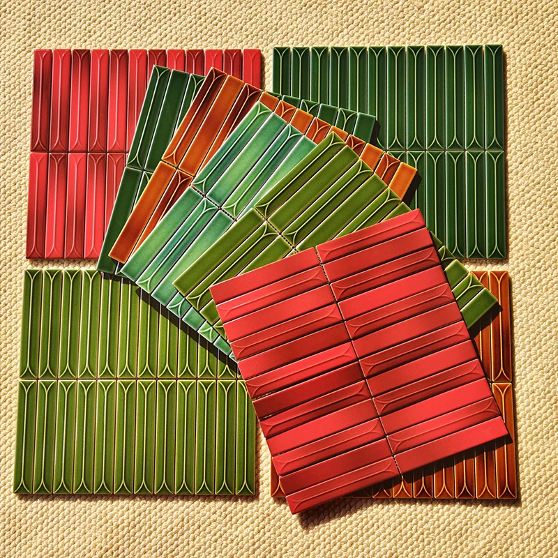 艾米格长条立体窑变陶瓷马赛克吧台酒店卫生间绿色红色渐变瓷砖