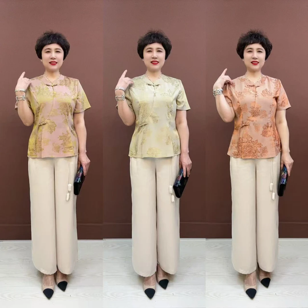 J-圆领薄款中老年女装夏季妈妈装复古夏装减龄小衫8597