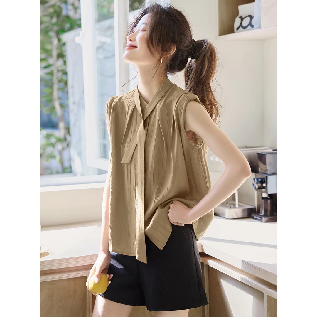 沫晗依美韩版休闲遮肉显瘦衬衫25夏季别致设计领口系带无袖衬衣女