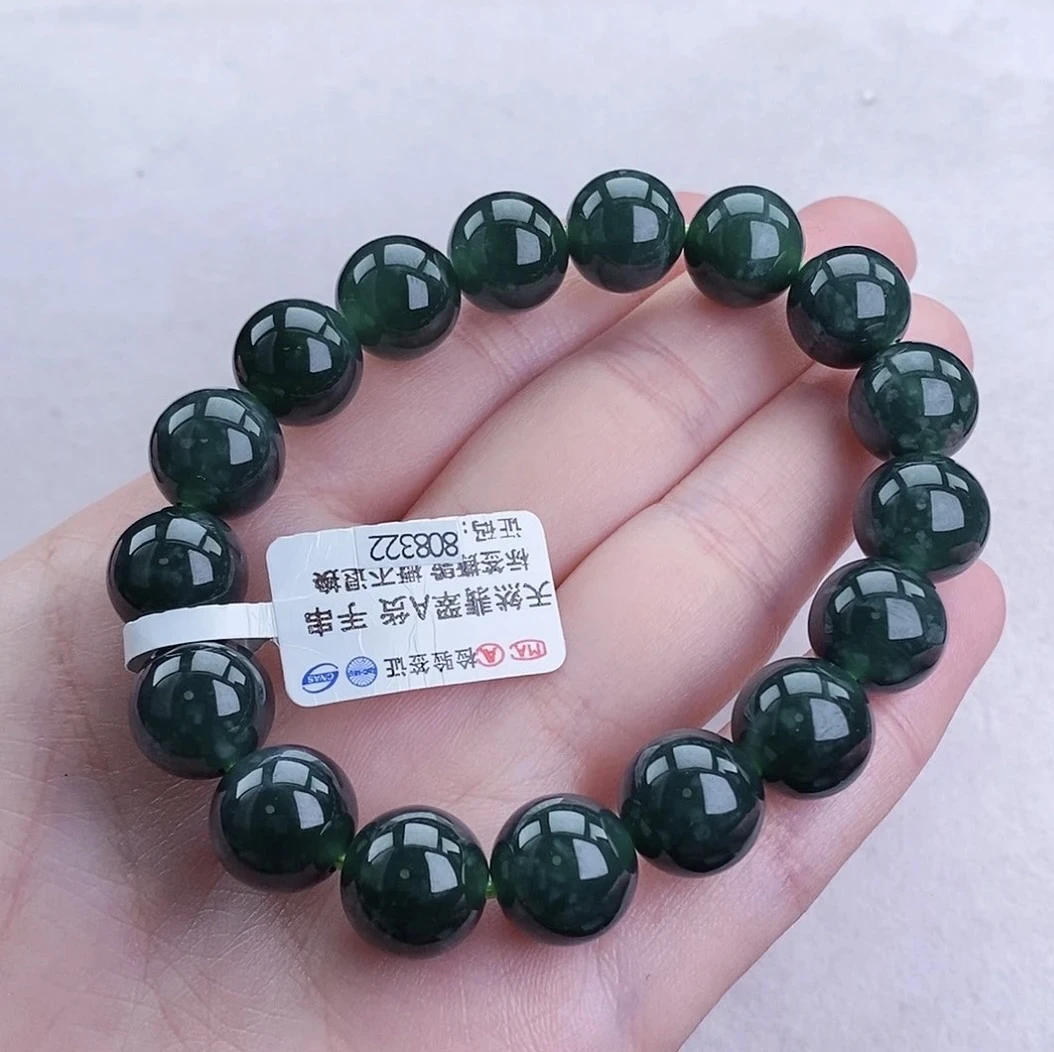 天然A货翡翠手串 卡12 冰满绿圆珠手串 绿色 单圈 时尚百搭 气质
