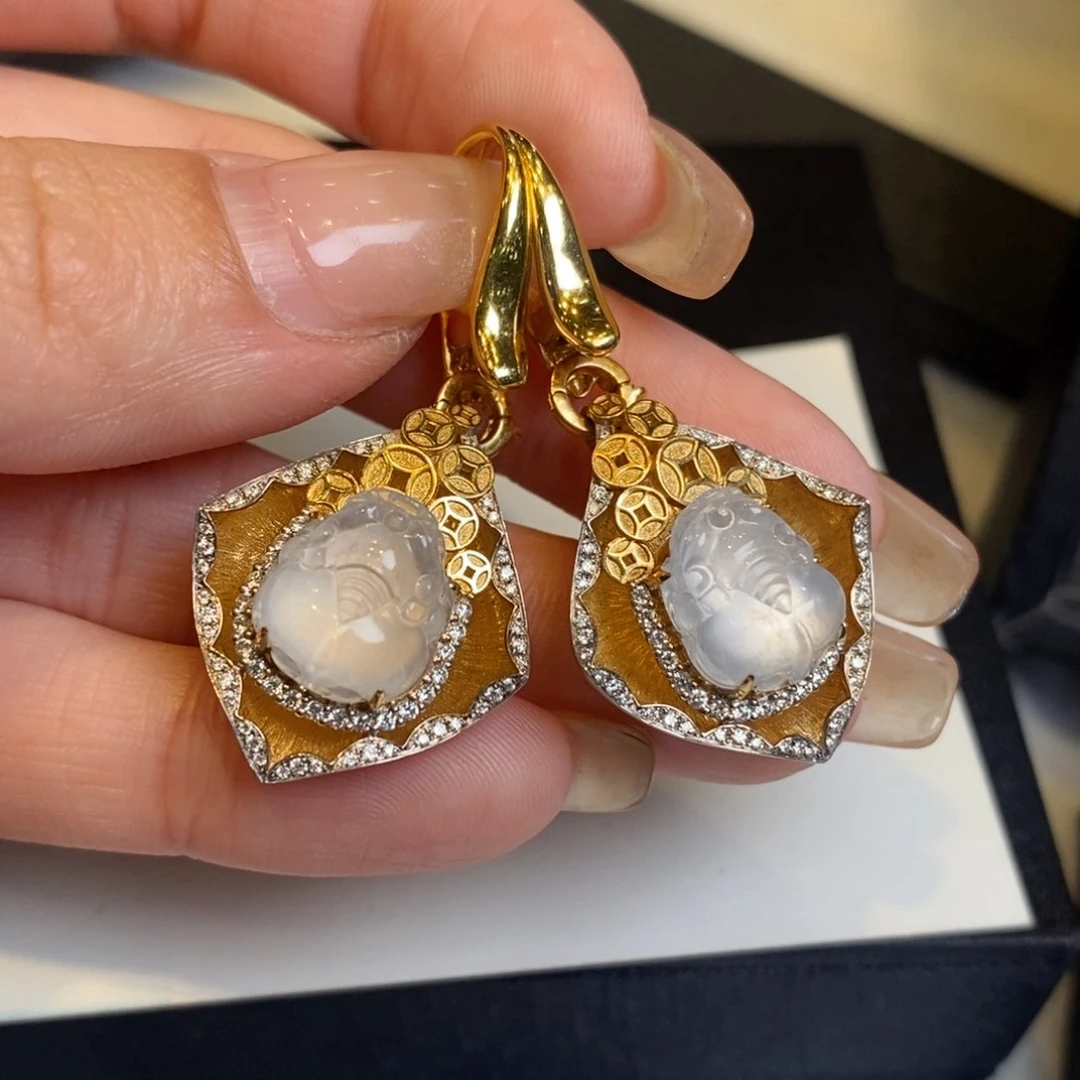 翡翠耳饰18K金镶嵌貔貅耳环吊坠两用款