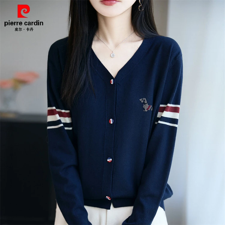 皮尔卡丹法式精纺薄款烫钻针织开衫女短外套毛衣2025新款减龄外搭