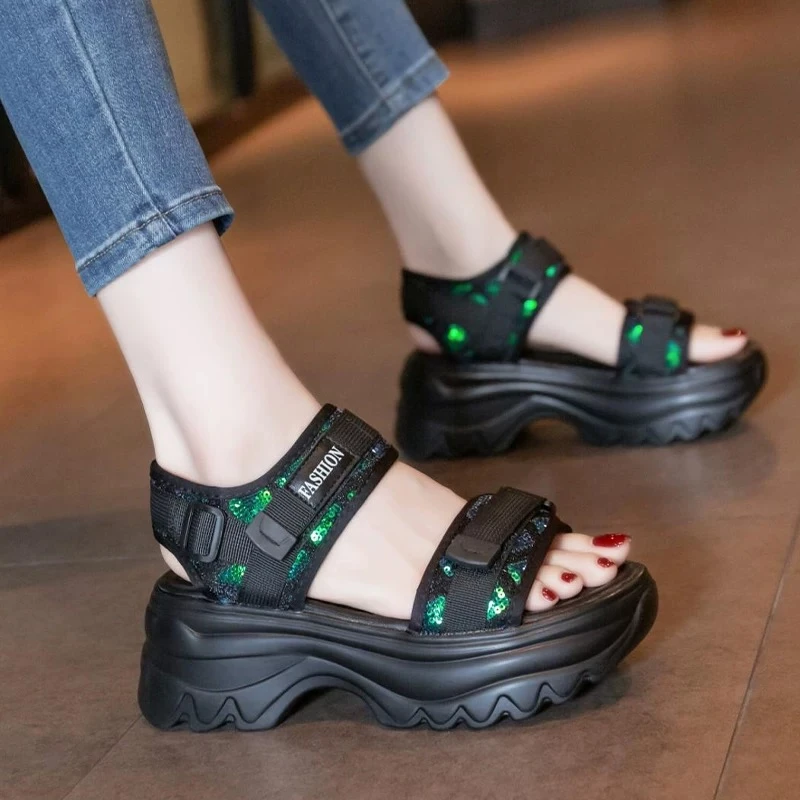 小码33厚底增高凉鞋女老爹2025夏季新款小个子亮片软底海边沙滩鞋