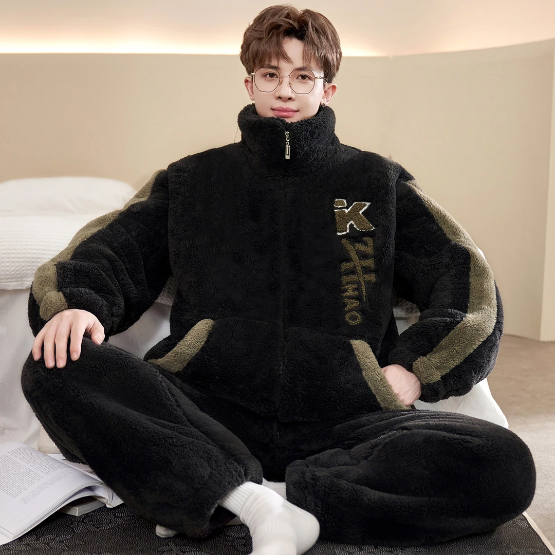 睡衣男士珊瑚绒秋冬季加绒加厚款卡通套装可外穿加绒家居服冬天男