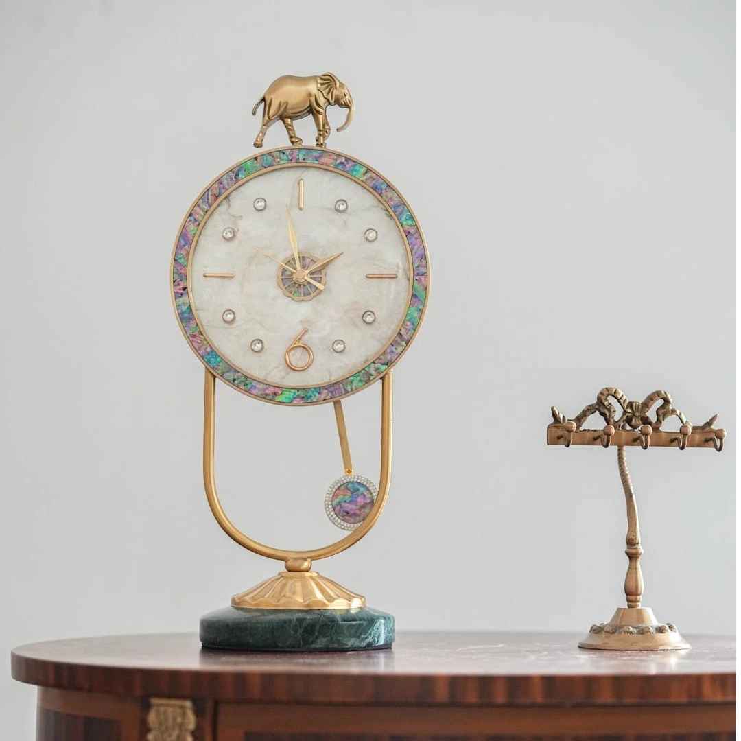 【奇居】黄铜贝壳彩贝边大象座钟书房时尚钟表#8117-B-6