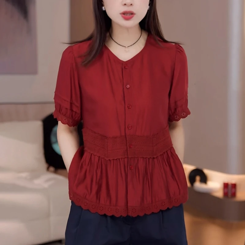2025夏季新款红色短袖女衬衫宽松显瘦遮肚时尚减龄高级感上衣