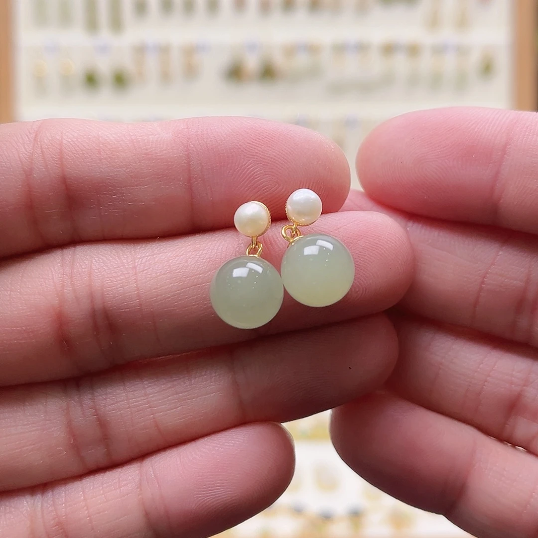 和田玉银S925镶嵌耳饰