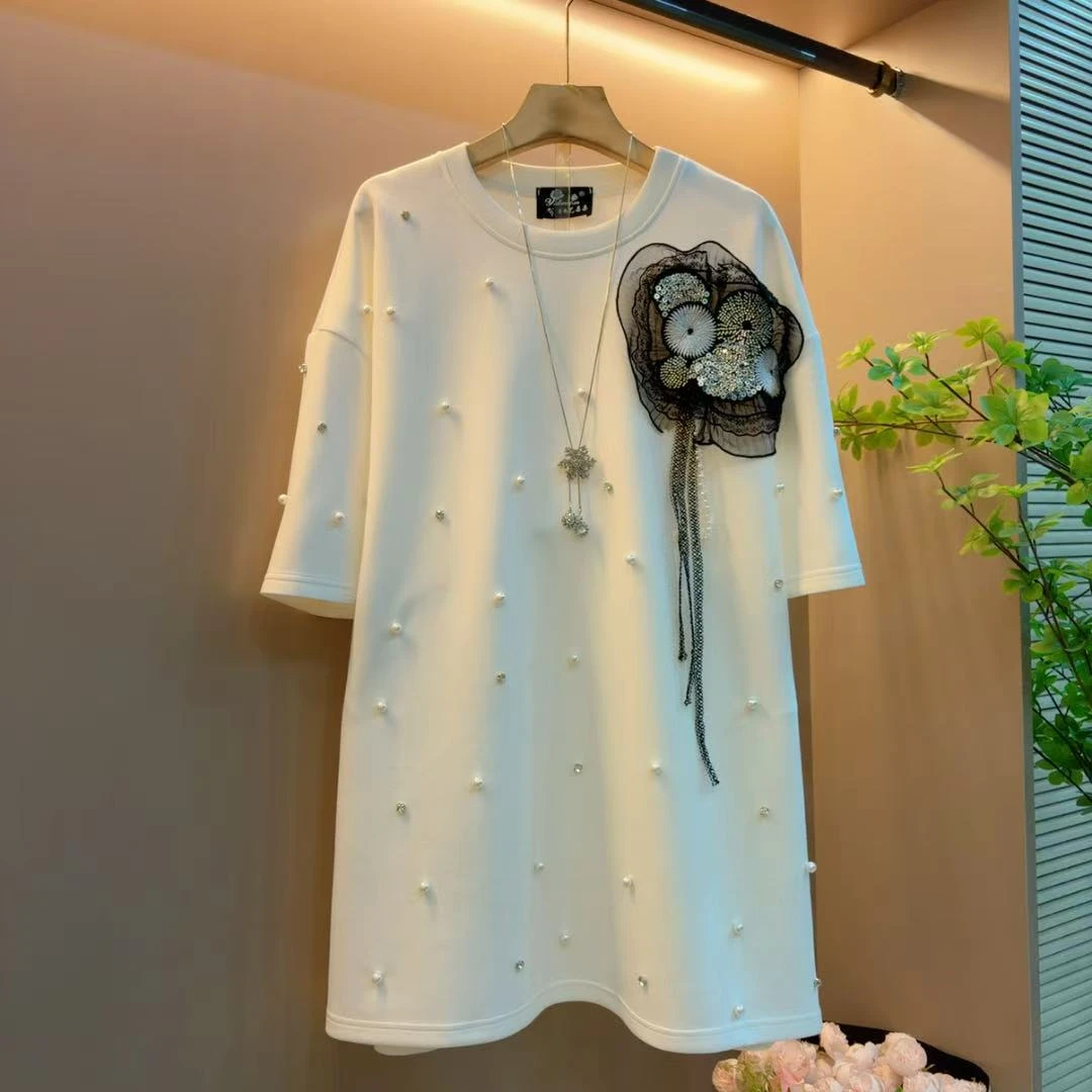 秋季新款显瘦珍珠大花圆领纯色洋气百搭长衫上衣（衣长78左右）