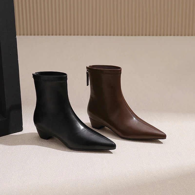 AMEINOR2025秋冬季新款粗跟法式气质净面女士时尚短靴瘦瘦靴0181