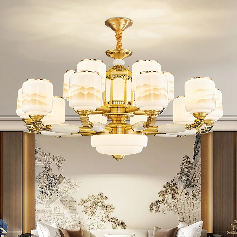 新中式全铜实木吊灯别墅复式楼天然玉石大气中山古镇2025新款灯具