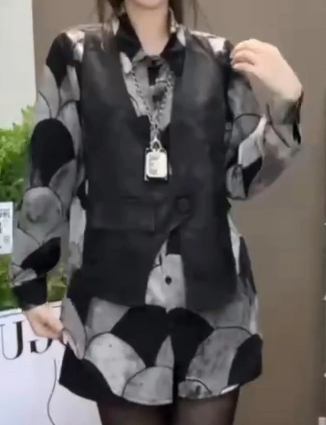 新然家中长款假两件衬衫拼接马甲2025新款气质简约上衣2496#