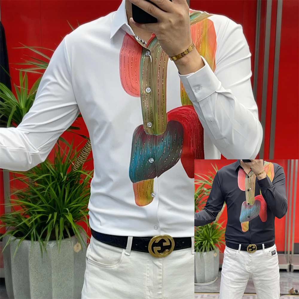 男士春季衬衫2025新款印花烫钻个性百搭潮流修身长袖高端商务上衣