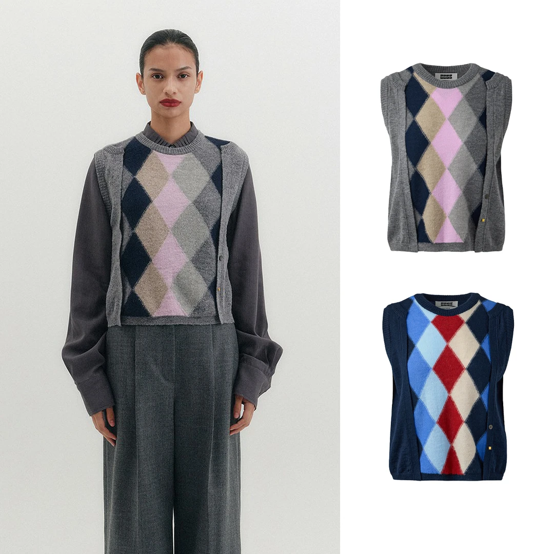 EENK设计师品牌25秋冬圆领菱格针织马甲