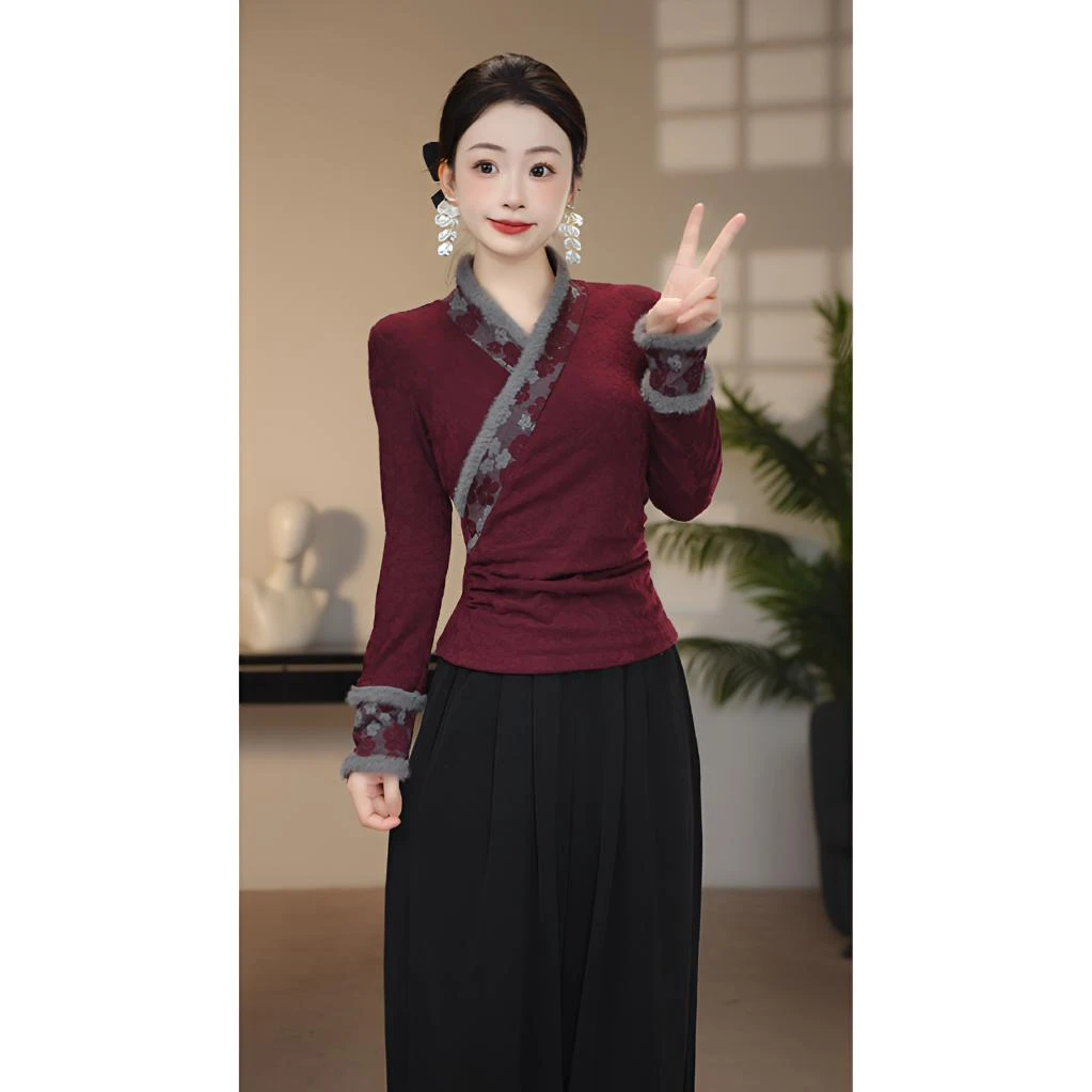 【上衣】冬季新款民族风小众气质高级毛毛领拼接长袖加绒套装-80155