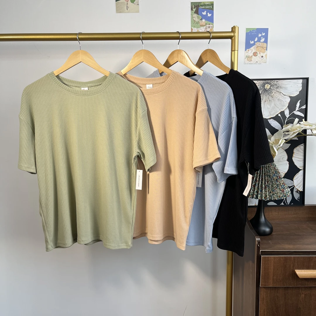 百搭纯色休闲运动圆领螺纹T恤