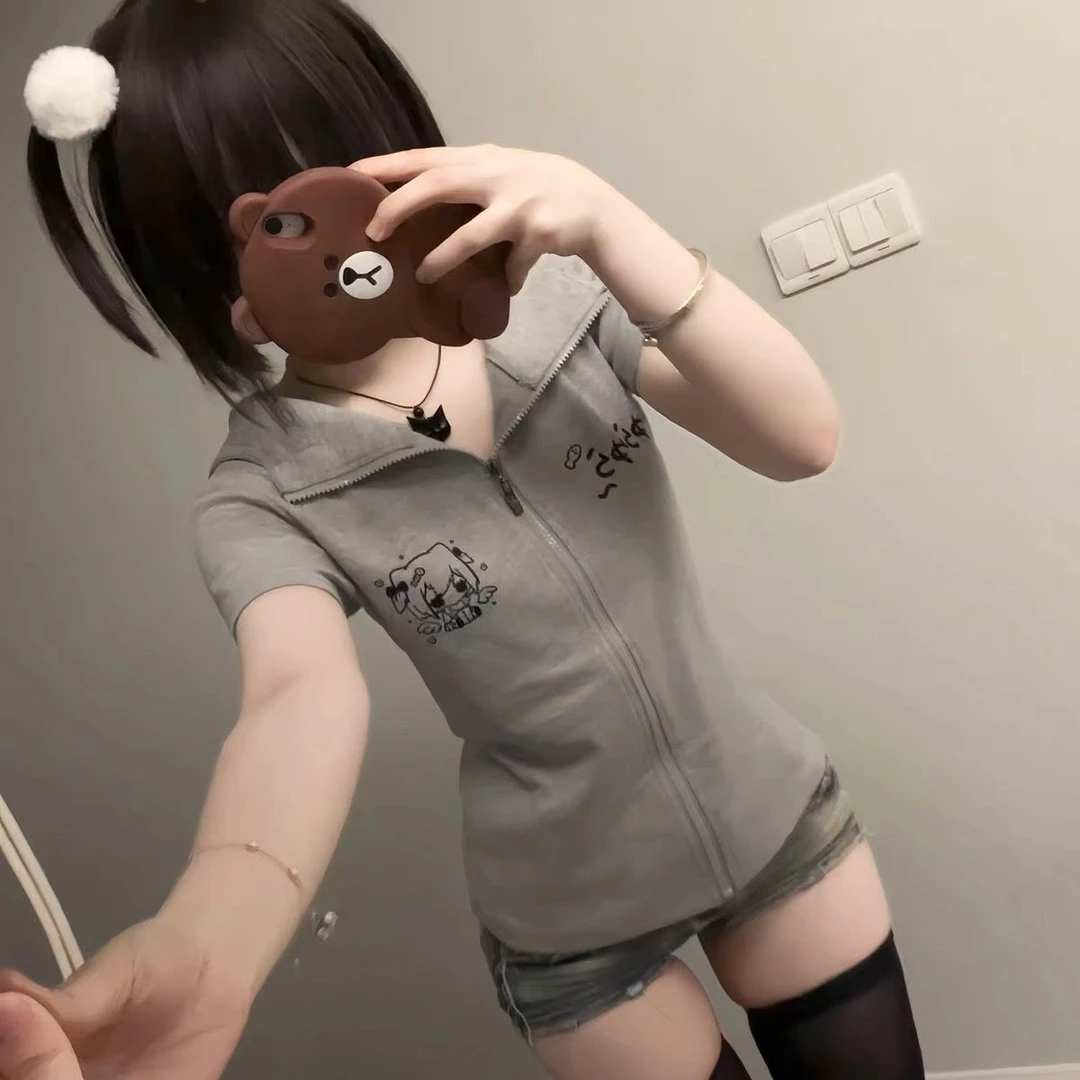 现货日系辣妹夏季薄款修身亚文化百搭猫耳朵连帽透气短袖宅系外套
