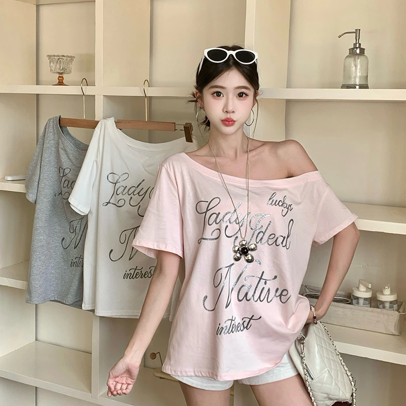 大码胖mm韩版改良正肩斜肩印花短袖T恤宽松慵懒感休闲上衣女5919