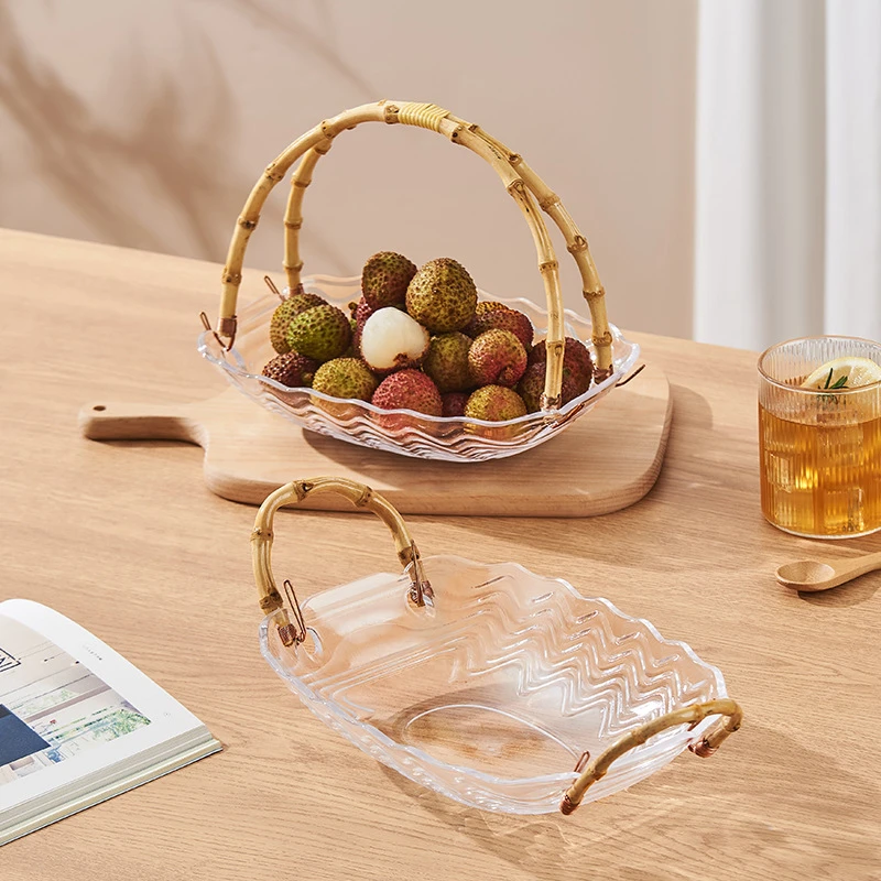 竹柄透明水果盘ins轻奢风水波纹仿玻璃糖果盘家用客厅户外野餐篮