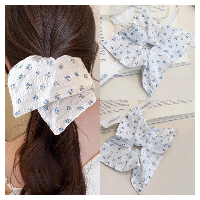 夏季白底蓝碎花大肠发圈高弹力气质后脑勺扎发头绳女马尾发圈发饰
