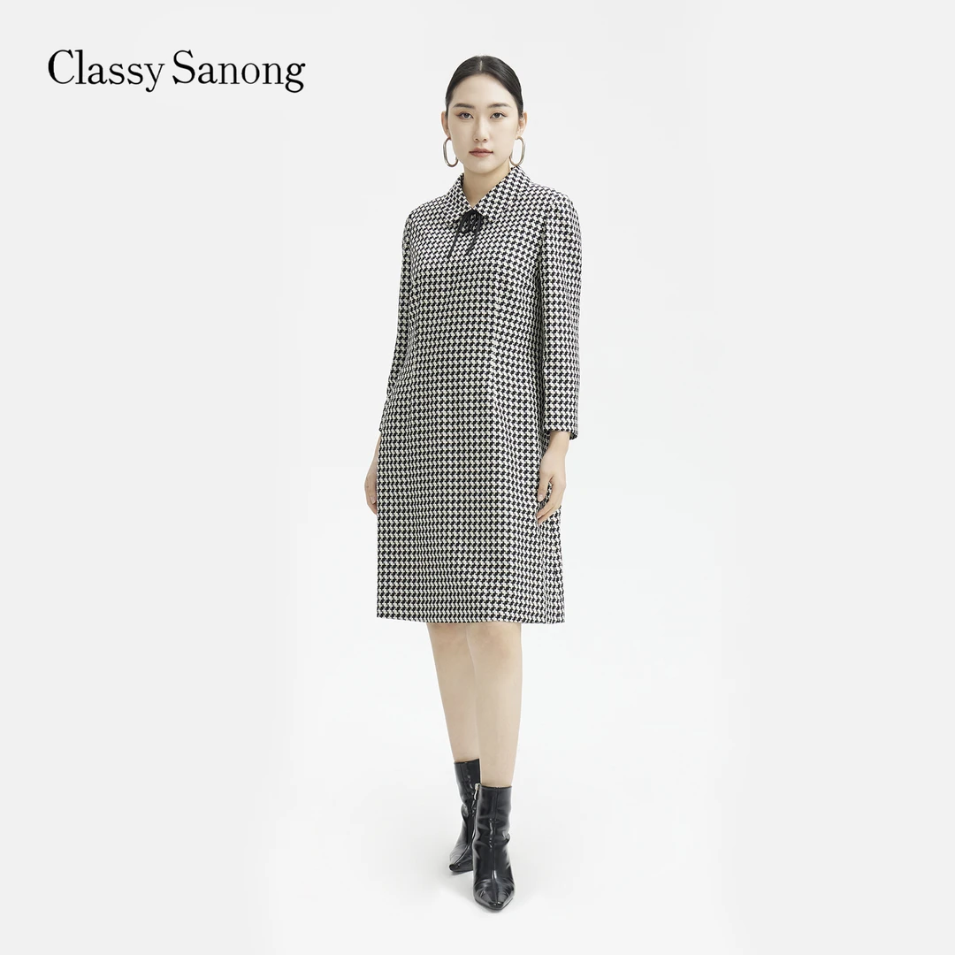 CLASSY SANONG新款时尚黑白格纹连衣裙