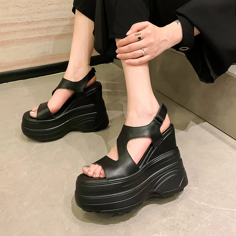 头层牛皮！14cm内增高厚底超高跟超轻凉鞋女小个子镂空韩版松糕鞋