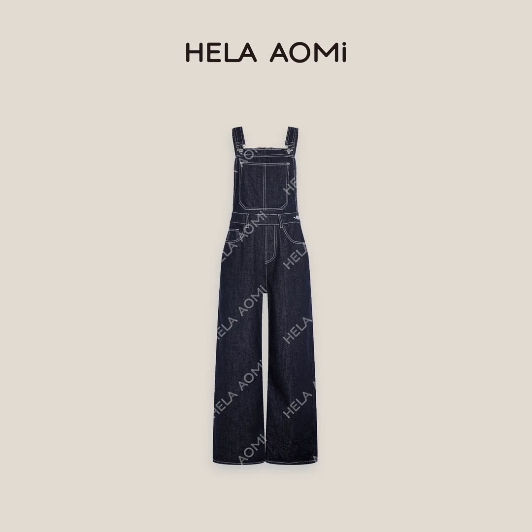 HELA AOMI“腿精背带牛”美式复古宽松高腰直筒连体裤CY5BC73400