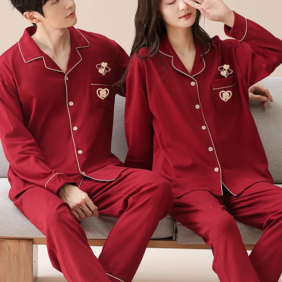 情侣睡衣透气开衫长袖长裤春秋季本命年红色喜庆家居服可外穿套装