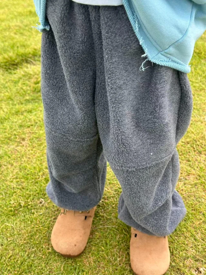 43012【大腰扣拼接裤】秋冬新款摇粒绒束脚裤男女童休闲加绒长裤